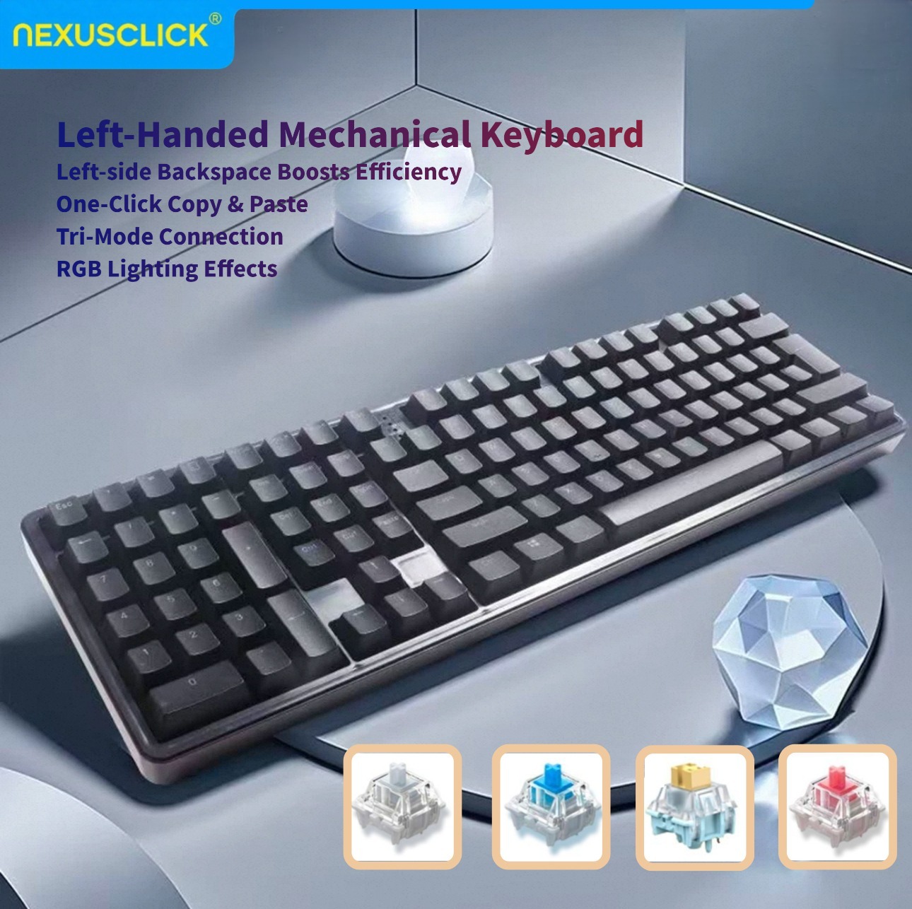 Gaming Keyboard No Number Pad - Ergonomiczna klawiatura mechaniczna NexusClick dla leworęcznych,